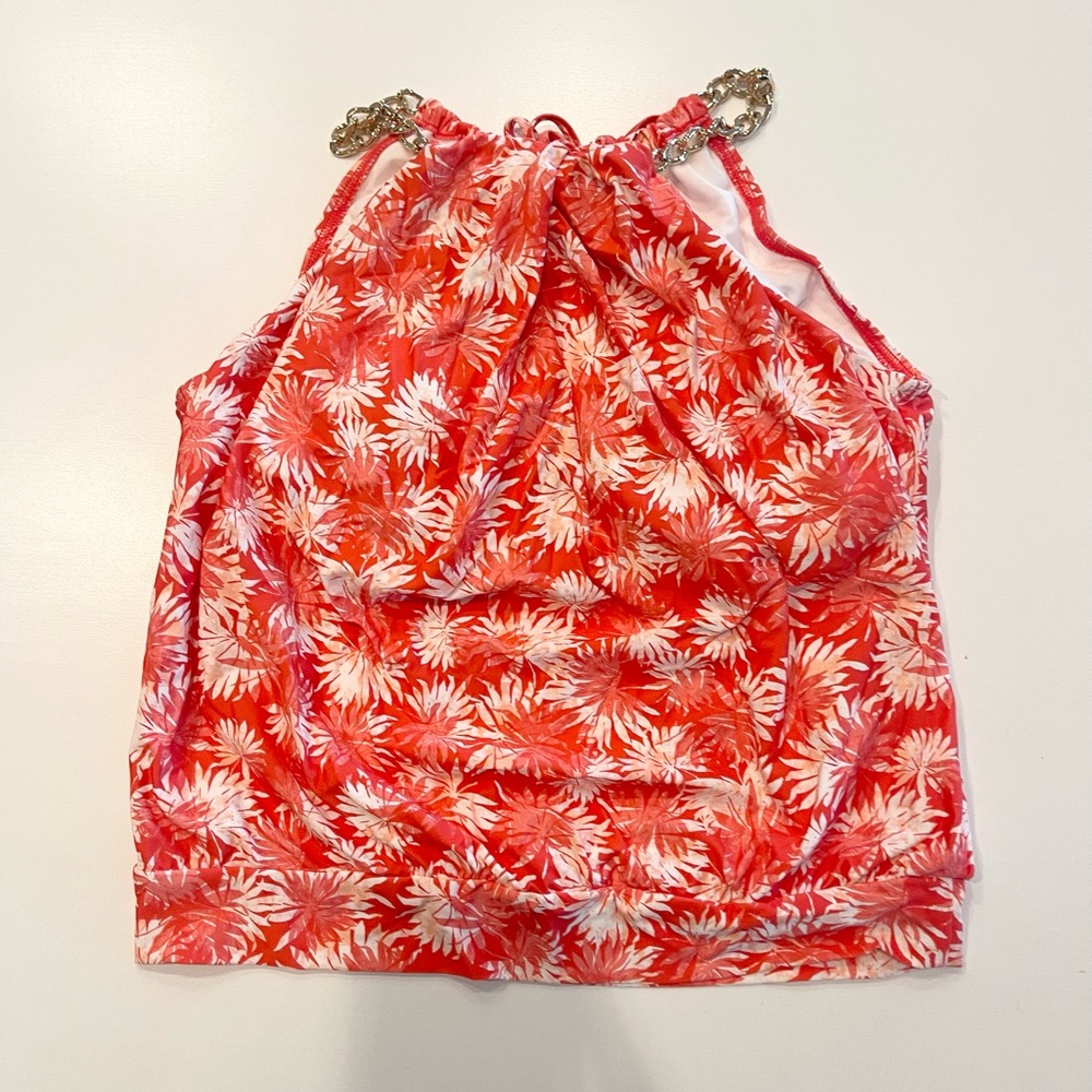 Michael Kors Tankini Top Swimsuit Sangria Palm Mix Blouson High Neck Sz S NEW
